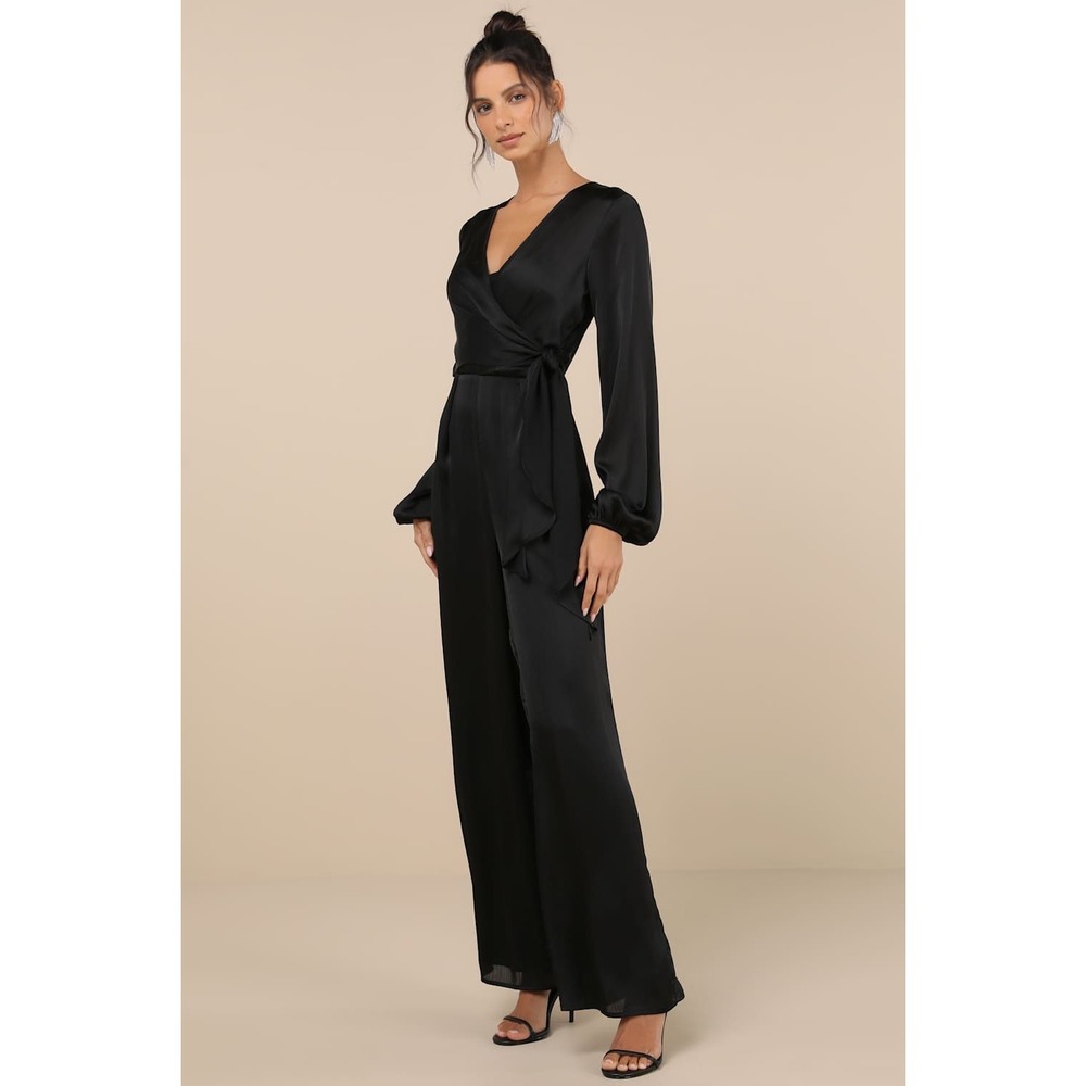 NWT Lulus Iconic Influence Black Long Sleeve Faux-Wrap Wide-Leg Jumpsuit Size XS